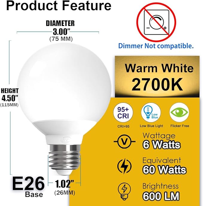 ILC G25 Globe Light Bulbs, App-Controlled Vanity Light Bulbs via Bluetooth Mesh,1600 Million Colors, 600LM, 6W, 60W Equivalent, 2700K Warm White, CRI>95+, E26 Base, Dimming via app only, 6 Pack