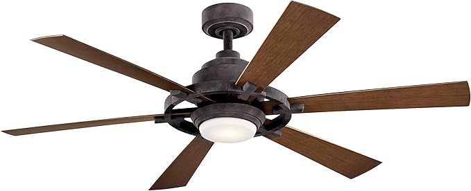 Kichler 52 Inch Gentry Lite LED Ceiling Fan and Etched Cased Opal Glass in Weathered Zinc with Weathered White Walnut Blades
