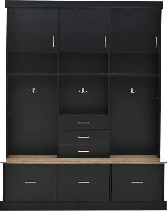 Amposei Hall Tree with Storage Bench & Coat Rack 58’’W Modern Tall Entryway Oranizer Cabinet with 6 Drawers, 3 Metal Hooks for Living Room Hallway Mudroom, Black
