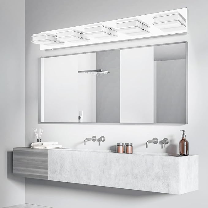 3 Color Temperature Dimmable Vanity Lighting Fixtures, LED Chrome 5 Light Bathroom Vanity Light, Acrylic Stainless Steel Square Shade Vanity Lights for Bathroom, ETL Certificated