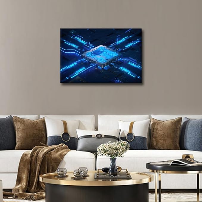 TUMOVO 1 Piece Canvas Wall Art for Bedroom Futuristic CPU Wall Art for Living Room Digital Chip Wall Art Decor CPU Concept Modern Artwork for Home Walls Giclee Framed Ready to Hang 24x16in