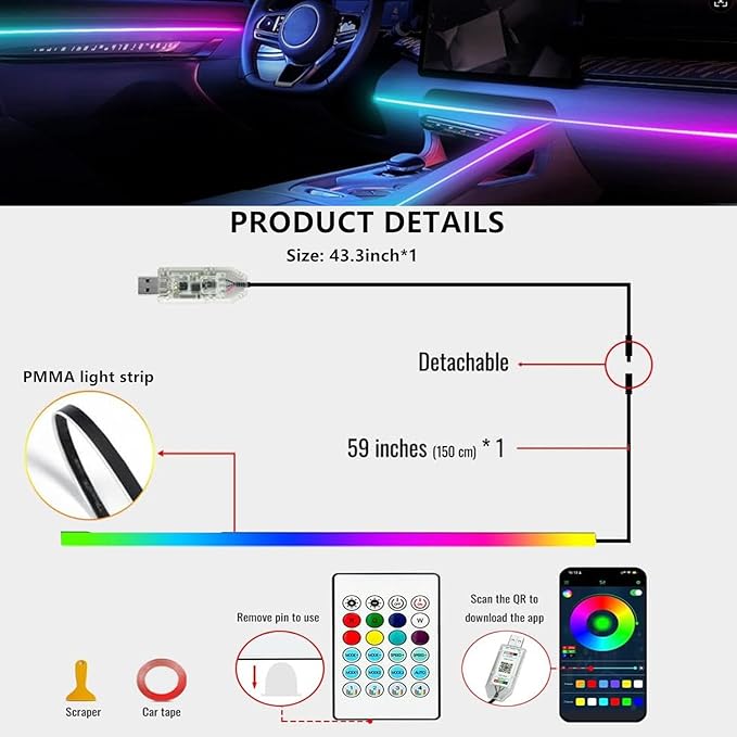Interior Car LED Strip Lights,Acrylic LED Lights for Car with Dynamic Dreamcolor Chasing,43.3in USB RGB Neon Strip Fiber Optic LED Ambient Lighting Kits with Remote APP,for Inside car Decorations