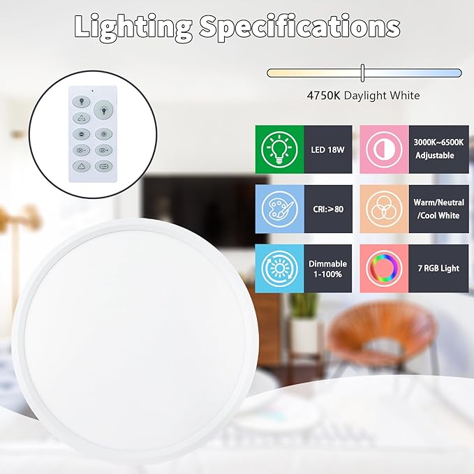 Dimmable LED Flush Mount Ceiling Light Fixture with Remote Control, Compatible with Alexa, 12Inch 18W 3000K-6500K Adjustable, LED Ceiling Light Fixture for Bedroom, Kitchen