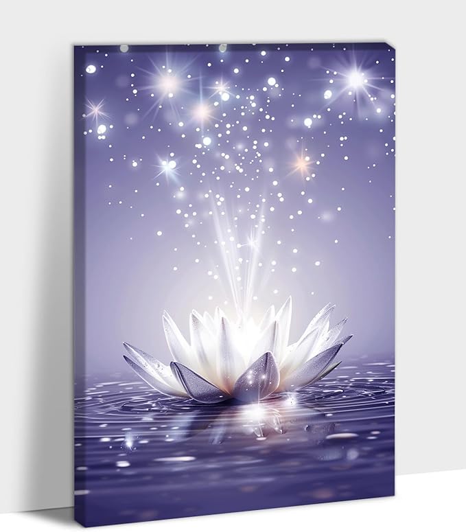 Zen Canvas Wall Art, White Lotus Flower Bloom in Water Picture, Zen Blue Flower Painting, Modern Framed Spiritual Home Artwork for Yoga Spa Meditation Spiritual Room Living Room Office 28x40 inch