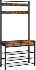 HOOBRO Hall Tree, Entryway Coat and Shoe Rack, 2 Fabric Drawers, Hall Tree with Bench, Shoe and Coat Rack, Coat Rack with Shoe Storage, 4 Tier Shoe Organizer, 9 Hooks, Rustic Brown and Black BF81MT01