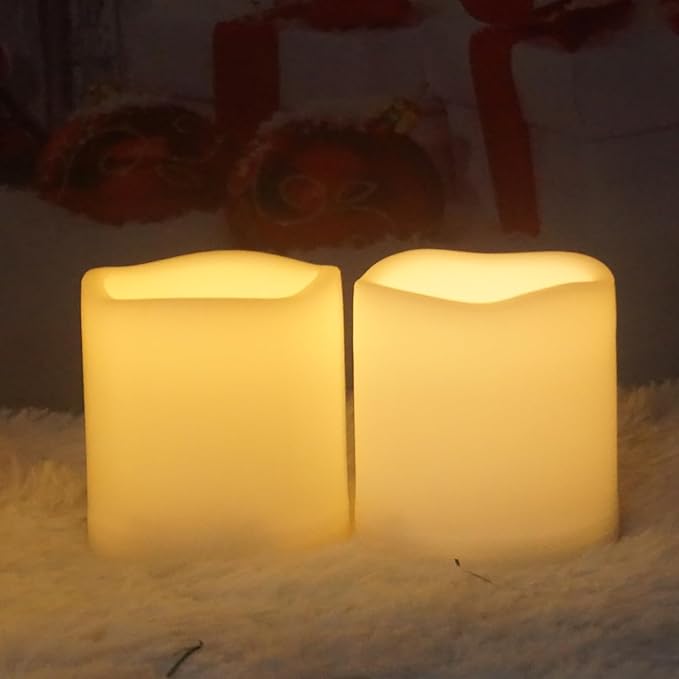Waterproof Outdoor Battery Operated Flameless Candles with Auto Timer Flickering Plastic Resin Electric LED Pillar Lights for Lantern Patio Garden Wedding Party Decorations 3x3 Inches 6 Pack Ivory