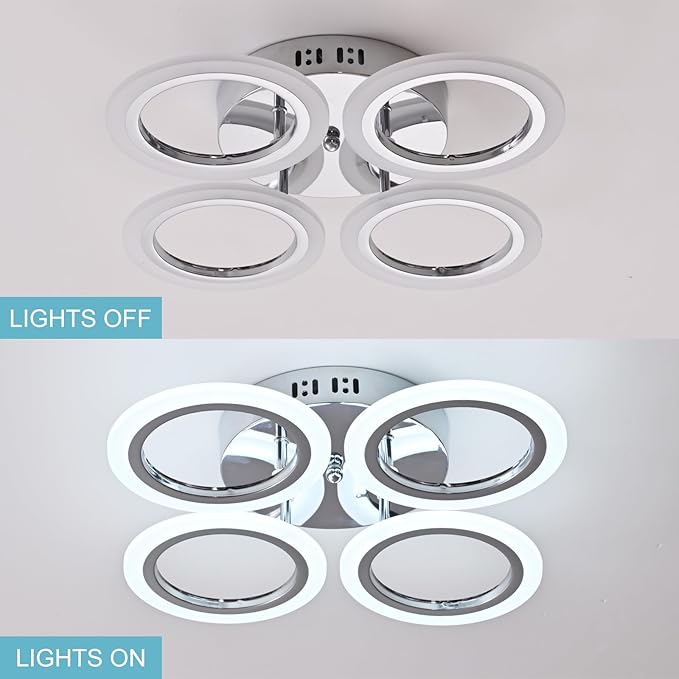 Modern LED Flush Mount Ceiling Light, 4 Rings, Chrome, 6000K for Bedroom, Dining, Living Room, Office