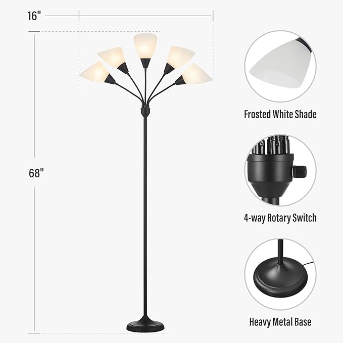 HonoDing Medusa Floor Lamps Standing Lamps 5 Heads Adjustable Reading Light Large Shade Use E26 A19 Bulb Floor Lamps for Living Room Bedroom (Black)