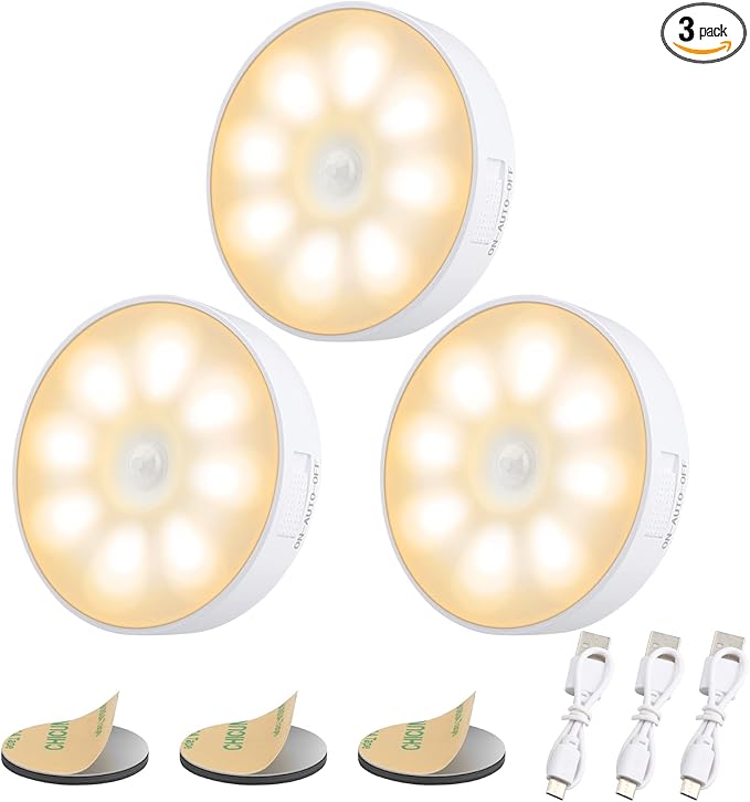 3 Pack Motion Sensor Light, 8 LEDs Rechargeable Night Light, with USB Cable & Magnetic Patch, 3 Modes, Cordless Safe Wall Light for Kitchen, Bookshelves, Drawers - 3000K Warm White