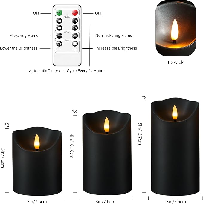 Flameless Candles with Remote, Battery Operated Flickering Flameless Candles, LED Candles with Timer 2/4/6/8H, with Realistic LED Candles Set of 24 (D3 x H 3" 4" 5") (Black)