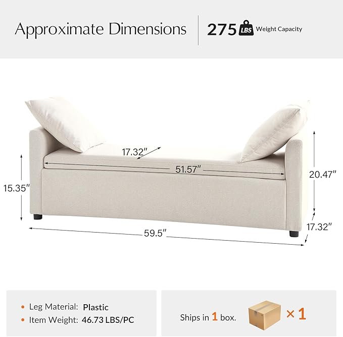 59.5" Modern Storage Ottoman Bedroom Bench, End of Bed Bench with Arms and Throw Pillows, Footrest Stool for Living Room, Dining Room, Entryway and Hallway, Linen
