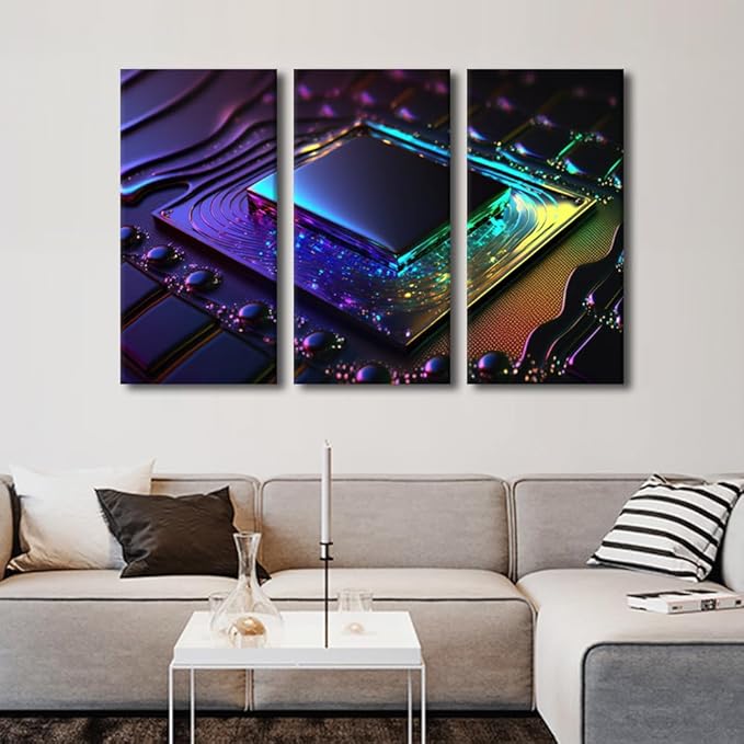 3 Panel Wall Art Computer Processor Poster on Canvas, Framed Wall Art Artificial Intelligence Wall Decoration Modern Artwork Giclee Stretched Framed Ready to Hang, 42" Wx28 H