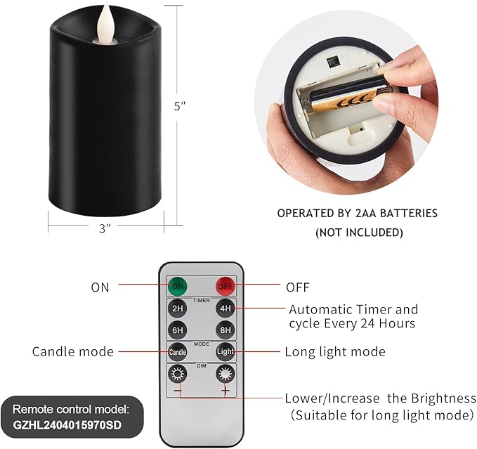 3x5 Flickering Flameless Candles Set of 1, 2AA Battery Life 600 Hours Battery Candles Flickering with Timer,5 inch Flameless Candles with Remote for Christmas Decorations Indoor/Outdoor, Black