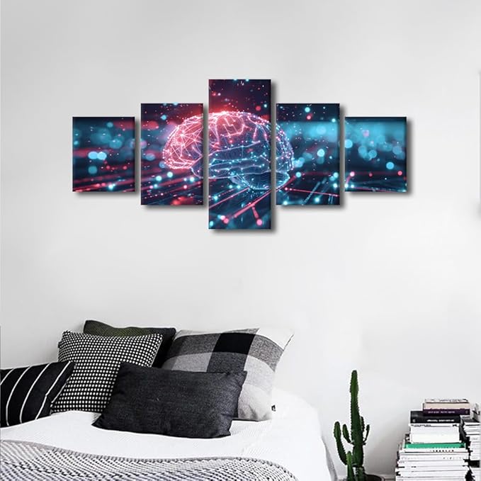 5 Panel Artificial Intelligence Concept with Human Brain Canvas Wall Art for Living Room Digital Brain Wall Decor Hanging AI Picture for Decoration Wall Modern Art Poster and Prints Wall Art 50"Wx24"H