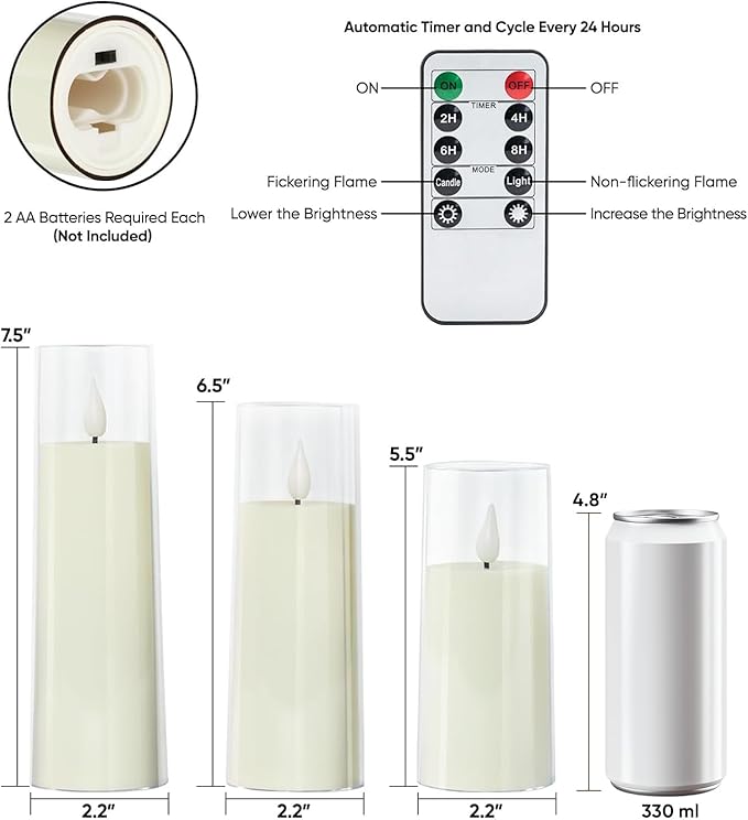 Amagic Ivory Flameless Candles with Remote, Battery Operated Candles with Timer, Acrylic Plexiglass Flickering LED Fake Candle for Wedding, Holiday, Home Decor, Set of 9, D2.2 x H5 6" 7"
