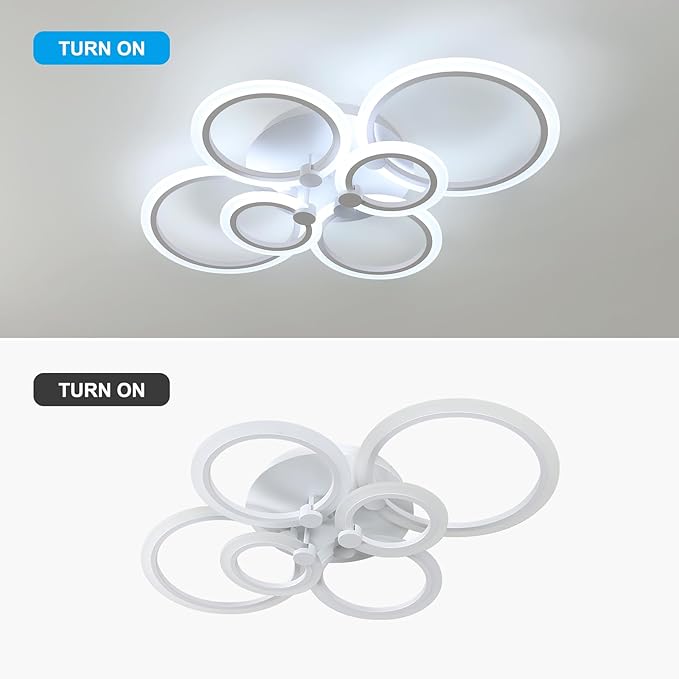 DELIPOP Modern Ceiling Light, White 6 Rings Flush Mount Ceiling Light, 31 Inch 6500K Cool White Led Chandelier Lighting for Bedroom, Living Room, Kitchen, Dining Room