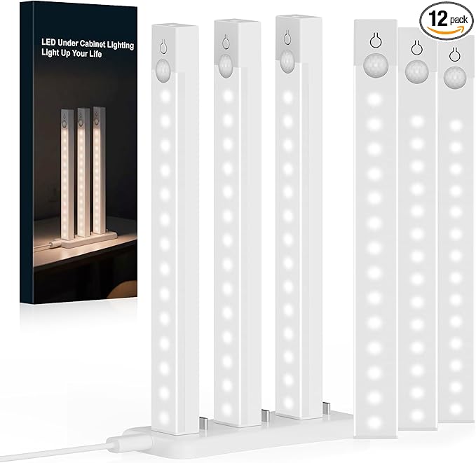 12-Pack Under Cabinet Lighting with 2 Charging Station 8-Inch USB Rechargeable Motion Sensor Light Indoor 3 Color Dimmable Closet Light, Stick on LED Magnetic Under Counter Lights for Kitchen