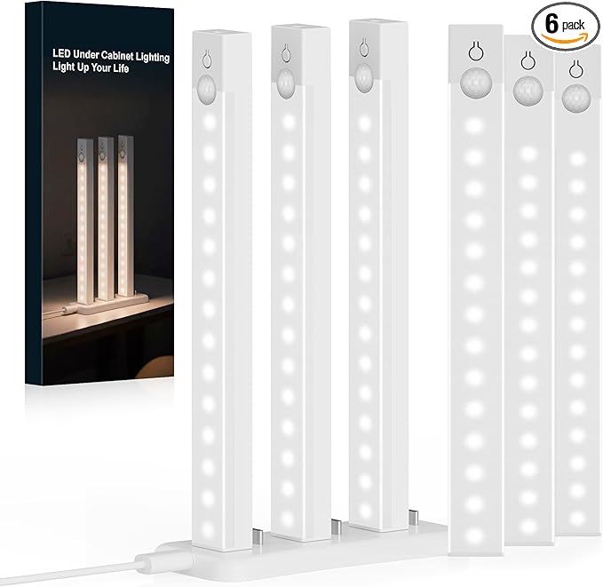 6-Pack Under Cabinet Lighting with charging station 8-Inch Rechargeable Motion Sensor Light Indoor 3 Color Dimmable Closet Light, USB Stick on LED Magnetic Under Counter Lights for Kitchen Shelf