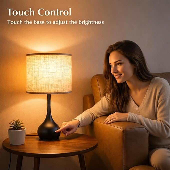 Touch Table Lamp for Bedroom,3 Way dimmable Nightstand Bedside Lamp with Linen Shade,Desk Lamp for Living Room, Guest Room, Home Office