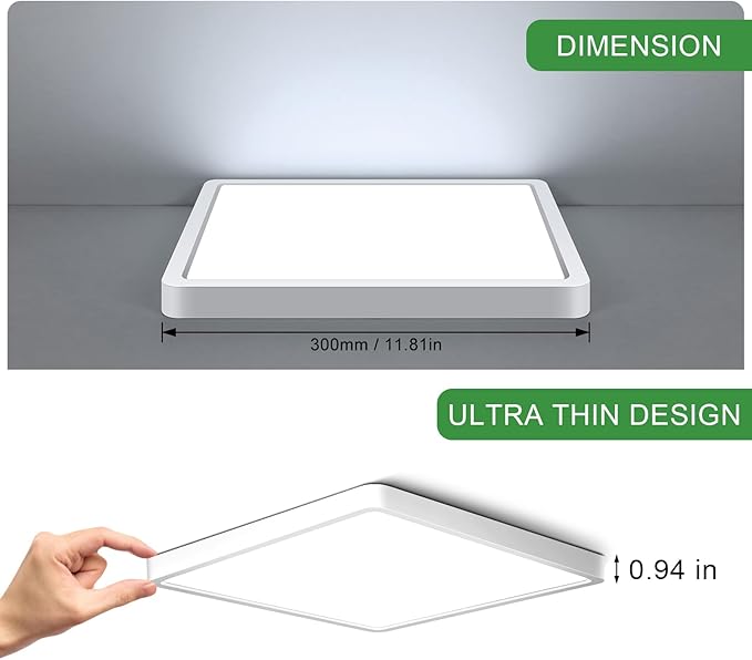 LightingWill 12Inch 24W Square LED Ceiling Light Fixtures, Flush Mount, Modern, White, 6000K Cold White, 3200LM, Kitchen, Bathroom, Bedroom