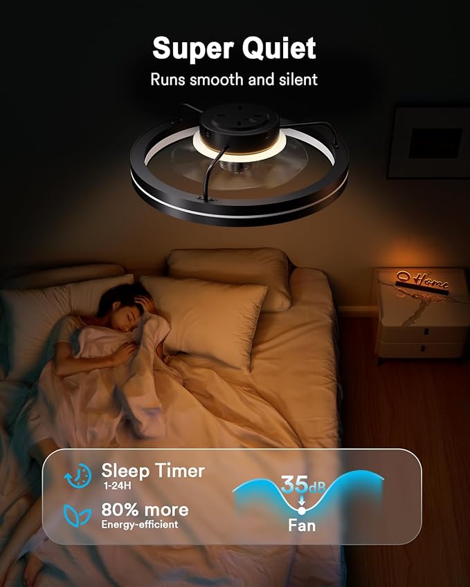 Lumary Smart Ceiling Fan Light with 2200K Nightlight, WiFi & Bluetooth Low Profile Ceiling Fan with Light Remote for Bedroom, RGBAI & 42 Scenes Mode, Flush Mount Easy to Install, 5000 LM, 19in Black
