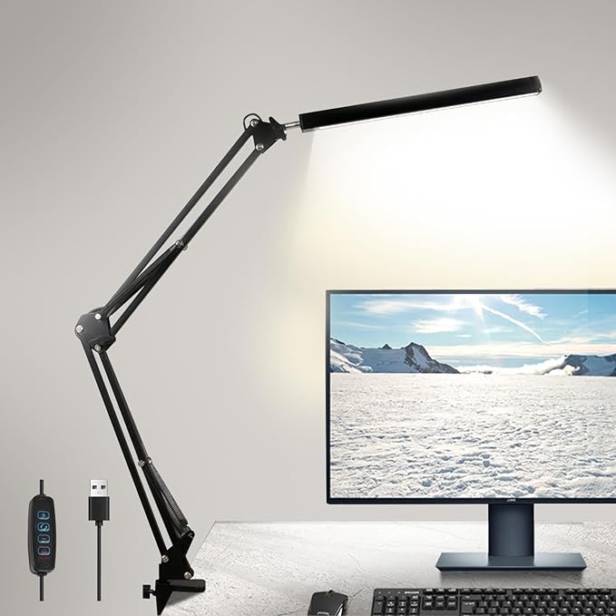 LED Desk Lamp with Clamp,Eye-Caring Desk Light with Clamp,Swing Arm Lamp Includes 3 Color Modes&10 Dimmable Brightness,Desk Lamp with USB Charging Port for Home Office,Reading(Black,12W)