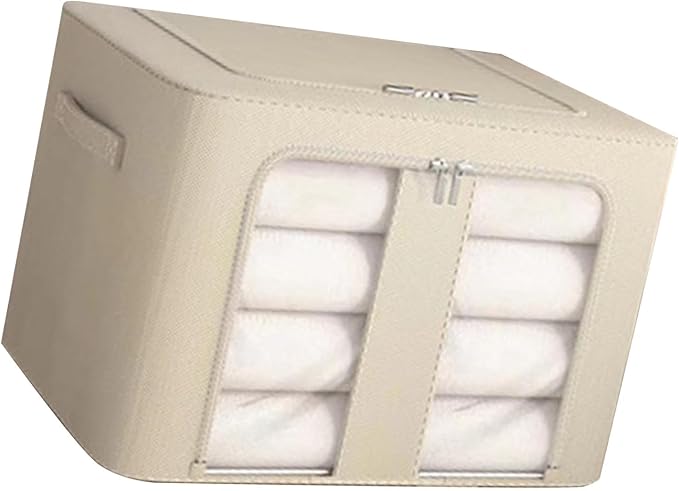 Kikumi Foldable Storage Box, Fabric Bin Organizer, Large Capacity Stackable Solid Steel Frame Structure Space Saving with Carrying Handle for Bedroom