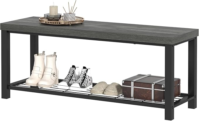 EXCEFUR Entryway Bench, Industrial Metal and Wood Storage Bench for Living Room, Indoor Shoe Rack Bench Seat, 43.3 Inch Grey