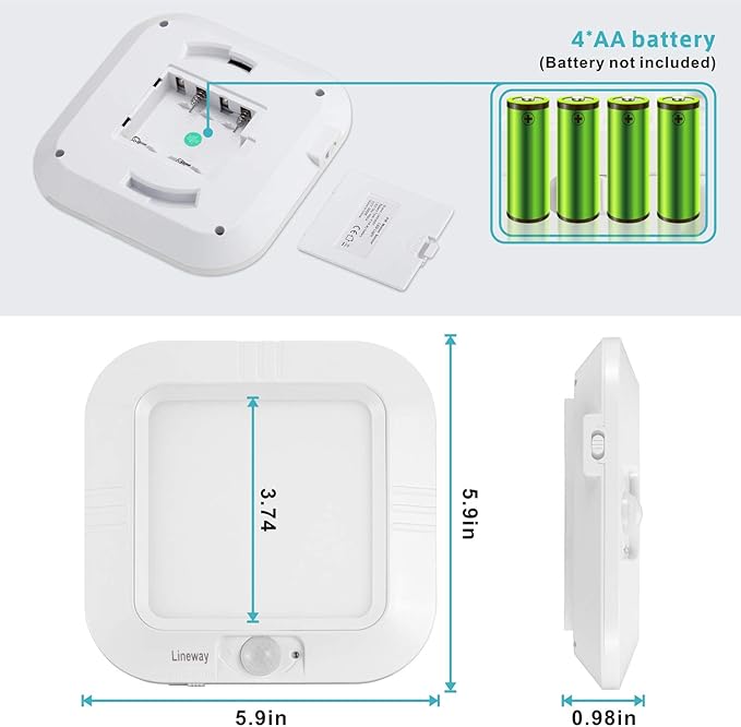 LINEWAY Motion Sensor Ceiling Light - Indoor Motion Activated LED Light, 6000K, 180LM, Battery Operated for Closet, Hallway, Stairway, Cabinet, Pantry