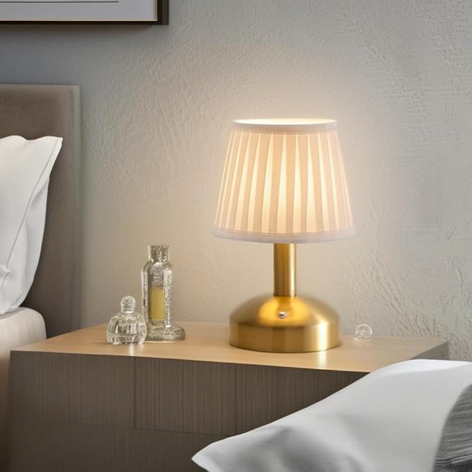 KDG Modern Cordless Small Table Lamp, Portable LED Fabric Shade Desk Lamps, 5000mAh Rechargeable Battery Operated Lighting for Bedroom, Bedside, Bar, Living Room, Dining Room, Night Light(Gold)