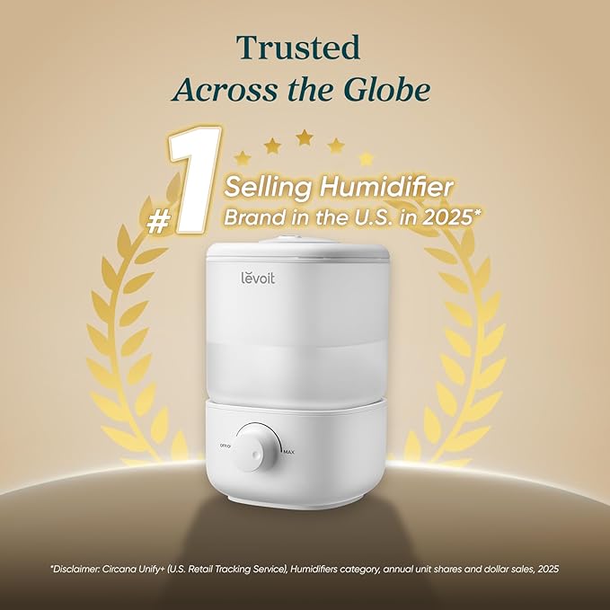 LEVOIT Top Fill Humidifiers for Bedroom, 2.5L Tank for Large Room, Easy to Fill & Clean, 28dB Quiet Cool Mist Air Humidifier for Home Baby Nursery & Plants, Auto Shut-off for Safety, 25H