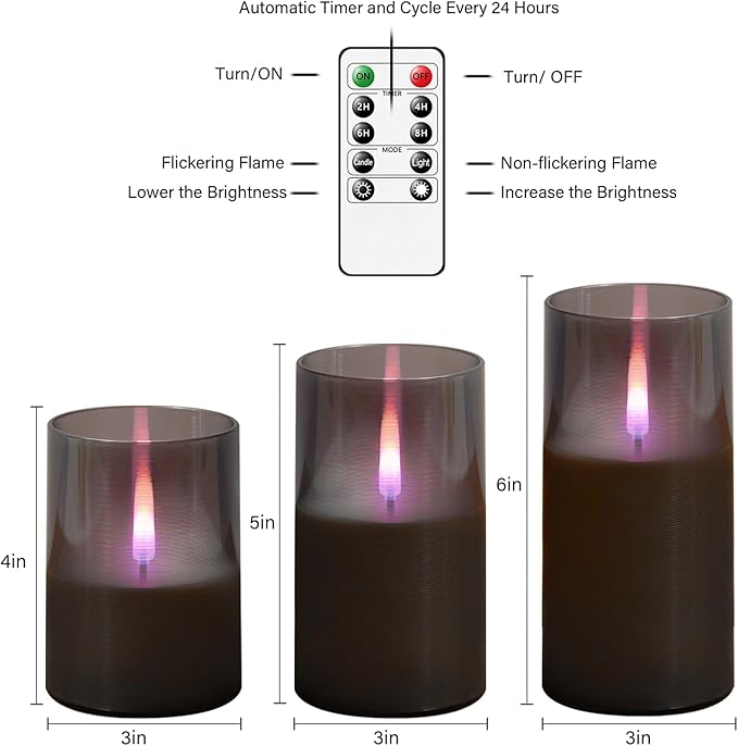 Flameless Candles Upgraded Realistic Flickering Flame,Battery Operated LED Candles with Remote Timers,Acrylic Electric Candles Set of 3(D 3" xH 4" 5" 6")（Grey）