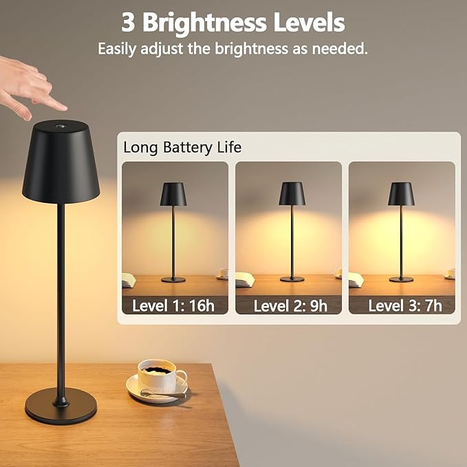 Cordless LED Table Lamp, Touch Dimmable Bedside Night Light, Rechargeable USB, Full Metal Body, Dual Battery, IP54 Waterproof – Black