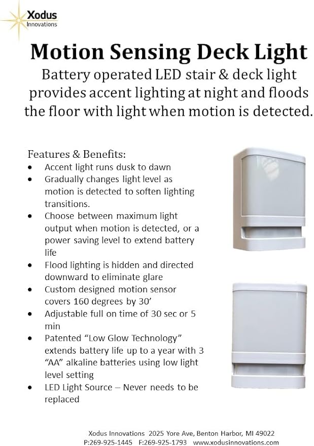 Xodus Innovations BL625-3 Motion Sensing Stair and Deck Light, LED, Battery Operated, Dusk to Dawn Sensor, 30 Seconds or 5 Minutes Brightness Setting, Indoor and Outdoor