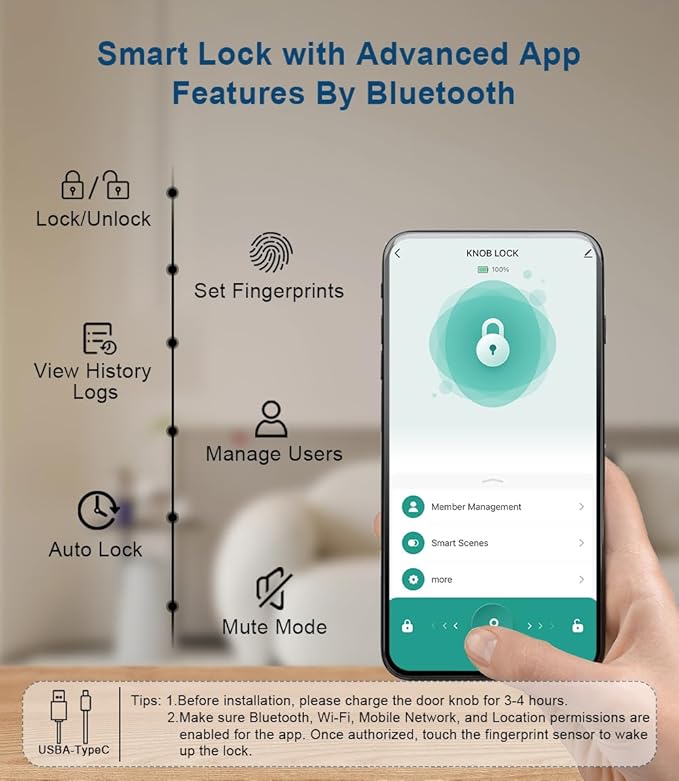 Fingerprint Door Lock, Smart Fingerprint Door Knob with Keypad, Biometric Door Lock with App Control, Auto Lock Door Lock with Code, Keyless Door Knob with Lock for Bedroom, Home,Office-Brass