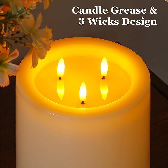 3-Wick 6"x6" Extra Large Real Wax Flameless Pillar Candles with Remote Control and Timer Function, Candle Grease Ivory Battery Operated LED Flickering 3D-Wick (Long Lasting, Warm Fire)