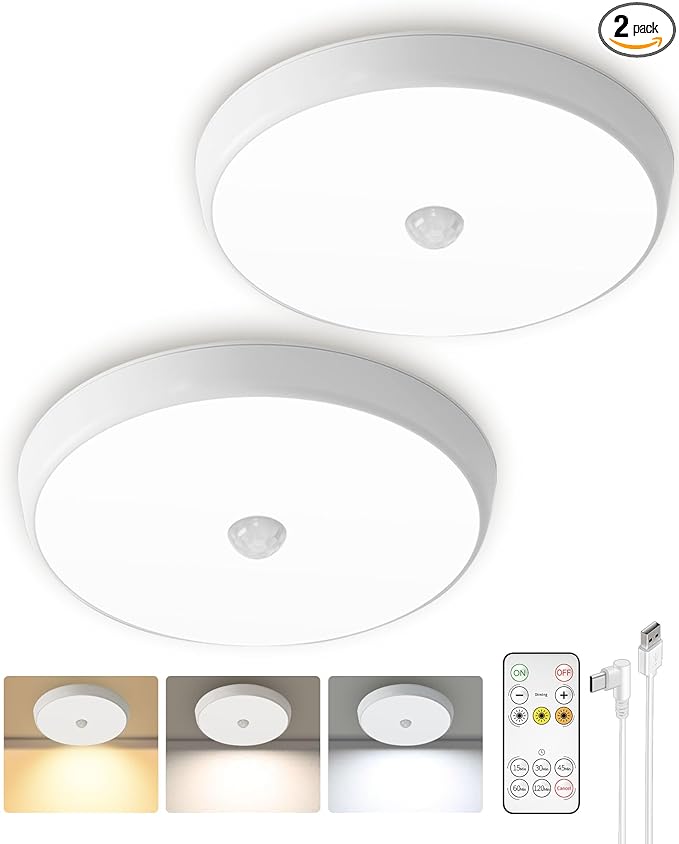 Motion Sensor Light Indoor, 2-Pack, 10000mAh, 7.1inch, 400LM, Remote Control, Dimmable, LED, Flush Mount, Wireless, Rechargeable, Battery Operated, Cordless, Ceiling Light, Closet Light, No Wiring