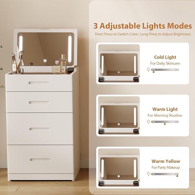Solid Wood 3 in 1 Vanity Desk with Flip Top Mirror, No Assembly, Compact Vanity with Hidden Chair, Small Makeup Vanity Set with Power Outlet, Dressing Table for Bedroom, White
