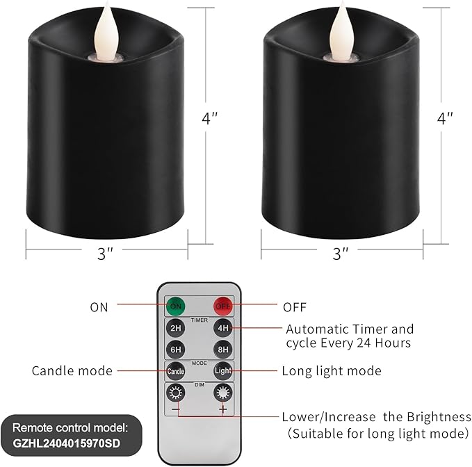 3x4 Flickering Flameless Candles Set of 2, 2AA Battery Life 600 Hours Battery Candles Flickering with Timer,4 inch Flameless Candles with Remote for Home Wedding Party Halloween Decoration, Black
