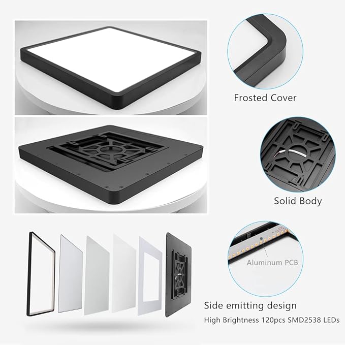 12Inch 24W Square LED Ceiling Light Fixtures Flush Mount, 3000K Warm White LED Ceiling Lamp, Surface Mount Modern Ceiling Lights, Slim Flat Panel Lighting for Bedroom, Kitchen, Bathroom Etc.Black