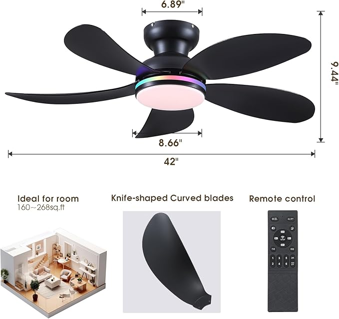 PHORUS 42" Black RGB Ceiling Fans with Lights and Remote/APP,Low Profile Ceiling Fans with Quiet Reversible DC Motor,Small Modern Flush Mount Ceiling Fan Light for Bedroom Kids Room