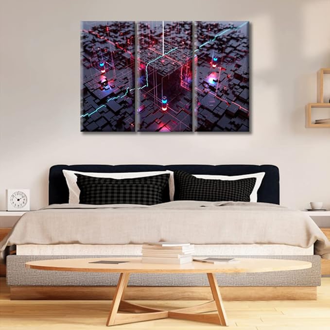 TUMOVO Computer Processors CPU Poster Wall Decor 3 Piece Modern GPU Card with Circuit and Colorful Lights Bedroom Art Prints Wall Decor Living Room Stretched and Framed Ready to Hang (36" Wx24 H)