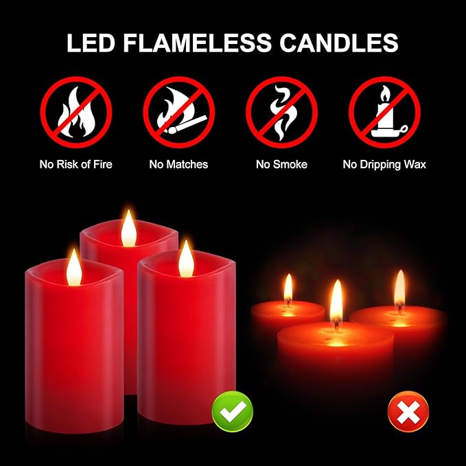 3PCS, 3 x 5 inches Flameless Candle with Remote Control, 3D Flickering Wick, Real Wax Pillar LED Candles, Battery Candles,with Timer,for Holiday Home Decor, Red