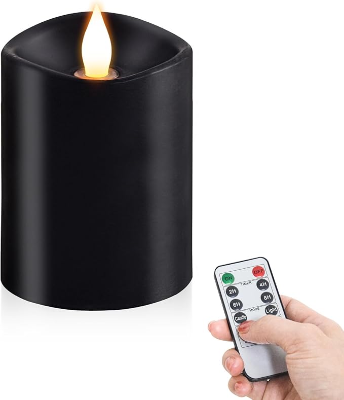 3x4 Flickering Flameless Candles Set of 1,Real Wax Pillar led Candles Flickering,with Timer,4 inch Flameless Candles with Remote,for Holiday Home Decor Party,Black