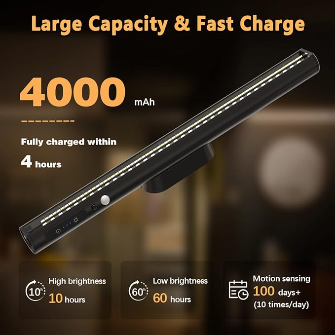 Hapfish Motion Sensor LED Light Bar Indoor, Rechargeable Under Cabinet Lighting Wireless, Magnetic Battery Powered Operated Wall Strip Lights with Remote Control for Desk Mirror Closet Kitchen -Black