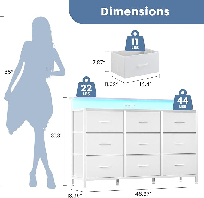 DUMOS TV Stand Dresser with 9 Fabric Drawers and Open Shelves, Entertainment Center with LED Lights, Charging Station for Bedroom, Wood Top Media Console for 45-55 inch TV Stand with Storage, White