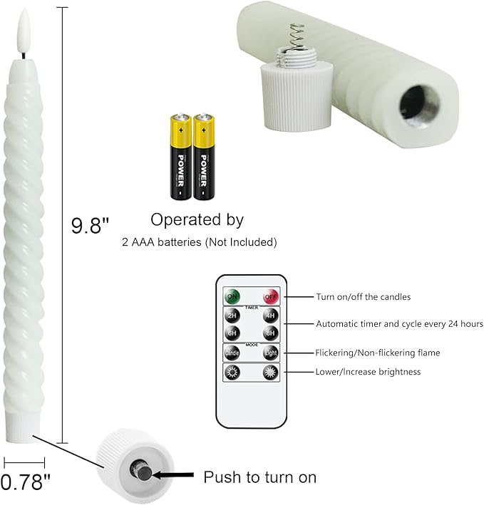 Flameless Taper Candles White Flickering with Remote Timer, Battery Operated Candlesticks 3D Wick LED Spiral Candles 6 Pack 9.8" Real Wax Wedding Home Birthday Christmas Decor