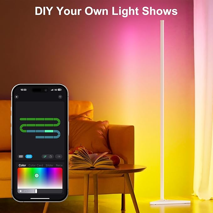 MIHEAL Corner Floor Lamp, 1 Pack LED Corner Lamp with APP and Remote Control, 16 Million DIY Colors & Warm White, Music Sync, Timing Function, Color Changing Ambient Lights for Living Room, Bedroom