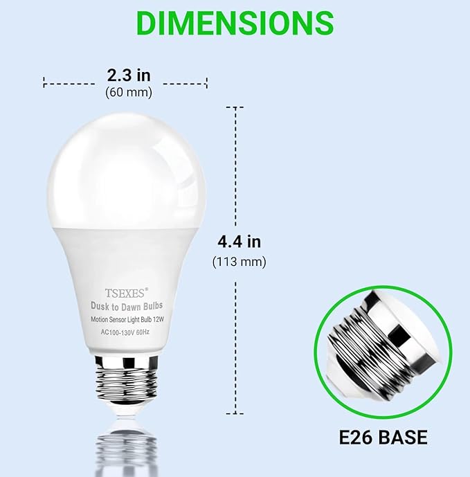 12W Motion Sensor Light Bulbs (100W Equivalent), 5000K Daylight, Motion Activated Light Bulb with Dusk to Dawn Sensor for Outdoor & Indoor,Porch, Stairs, Hallway, 4-Pack