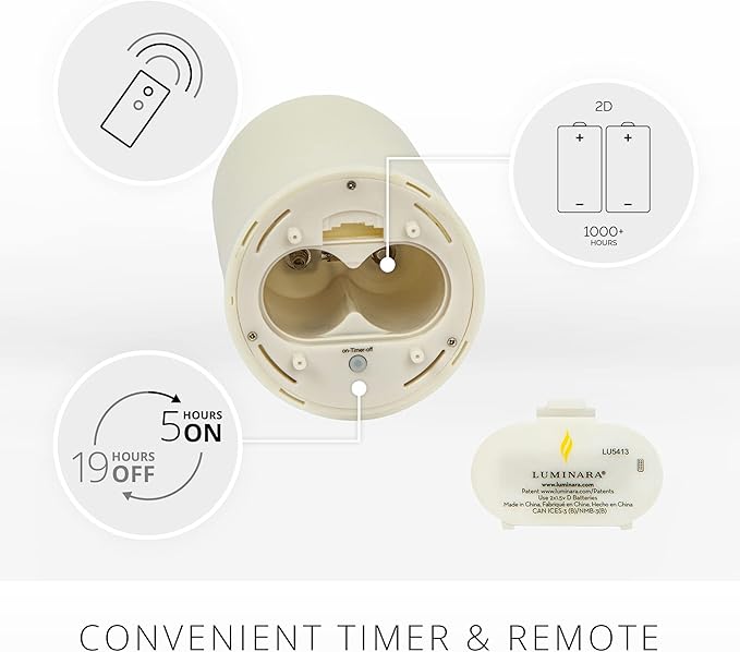 Luminara Outdoor Flameless LED Ivory Candle Melted Edge 3.75" x 7" Real Moving Flame Battery Operated Timer Plastic Weather-Resistant
